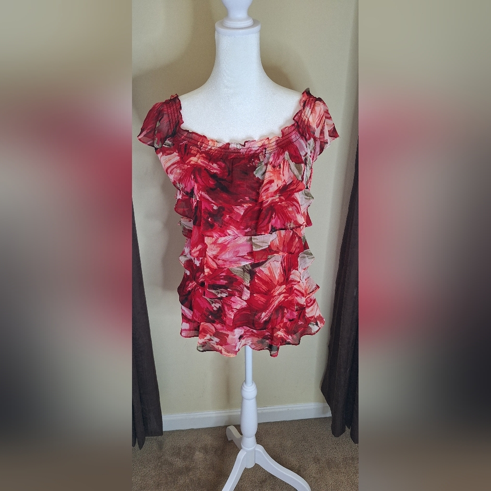 White House Black Market Red Floral Ruffle Blouse